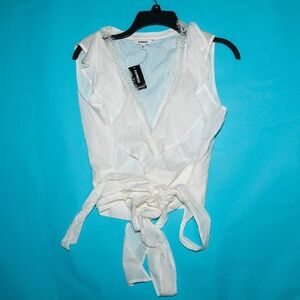 Express White Sleeveless Blouse with Tie-Waist and Lace Detail, Size Medium- NWT